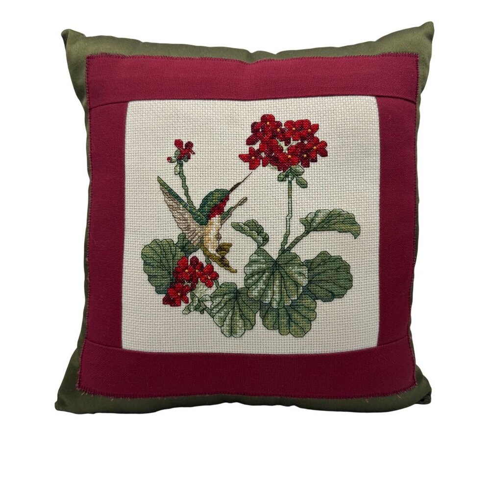 Handmade Needlepoint Hummingbird & Geranium Decorative Throw Pillow Dupioni Silk